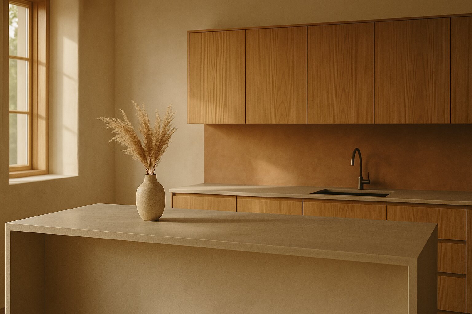 Japandi-stijl keuken, warm hout en natuurlijke materialen
